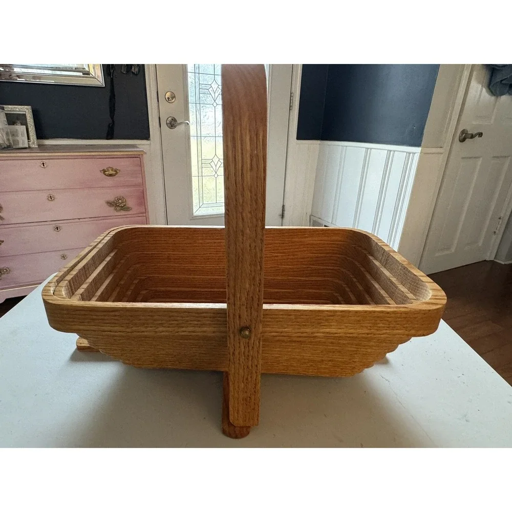 MCM Folding Collapsible Rectangle Wooden Fruit Basket With Handle Walter B Holts